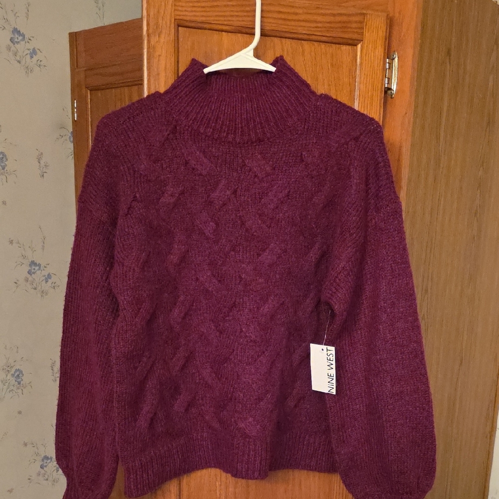 Nine West Deep Burgundy Cable Knit Turtleneck Sweater